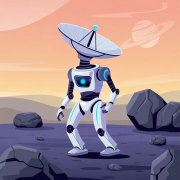 Futuristic robot with satellite dish head on transparent background isolated on transparent background