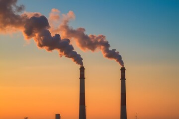 Smoke from two industrial chimneys (pipes) against the orange - blue sky. Global warming. Air polution. 3d rendering.