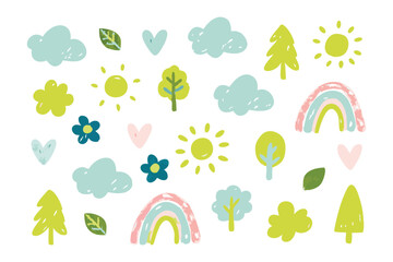 Whimsical Nature Elements: Playful illustration with a collection of cheerful hand-drawn elements: suns, clouds, rainbows, trees, flowers, leaves, and hearts, symbolizing joy and happiness.