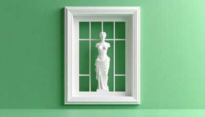 Timeless Elegance: A serene plaster statue, framed by a pristine white window, finds a perfect minimalist showcase against a soothing green backdrop.