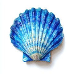 A vibrant shell is prominently displayed, highlighting its detailed ridges and bright blue colors. The shell appears smooth and striking, adding artistic flair.