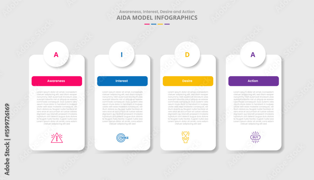 Poster aida marketing model for infographic with drop shadow style with round rectangle box table with circ