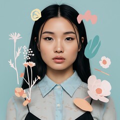 Fototapeta premium Portrait of a young Asian woman surrounded by illustrated floral elements, serene expression.