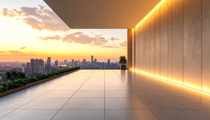 Urban Oasis: A modern terrace offers panoramic cityscape views during a stunning sunset, with sleek lines, inviting an atmosphere of calm amidst the bustling city.