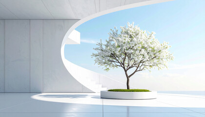 Nature's Embrace: A graceful cherry blossom tree stands in a minimalist architectural setting, embraced by a modern, curvaceous structure, showcasing the harmonious blend of nature and design.