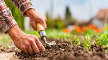 Hands Planting Seedling in Soil with Trowel