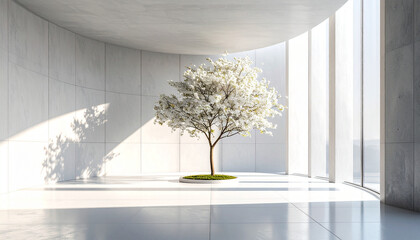 Harmony in Modern Space: A solitary blossoming tree thrives in a bright, modern architectural space, its form enhanced by soft natural light and minimalist design.
