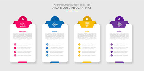 AIDA marketing model for infographic with drop shadow style with box table container with checklist and circle badge top with 4 point list information