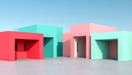 Geometric Harmony in Vivid Hues: A minimalist composition of colorful, geometric buildings stands against a clear sky, celebrating architectural simplicity with bold aesthetics.
