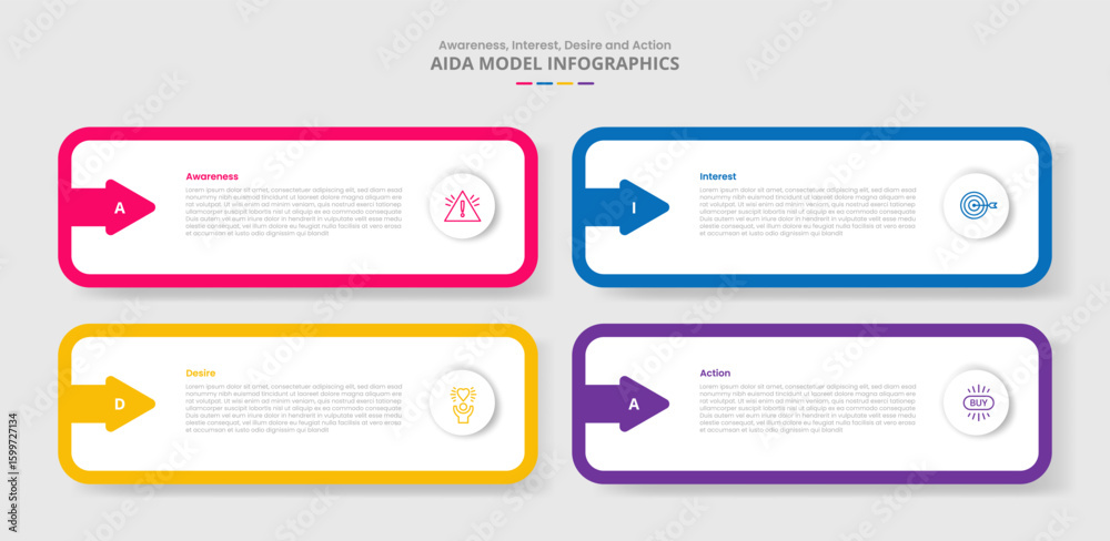 Poster aida marketing model for infographic with drop shadow style with round rectangle and arrow inside wi
