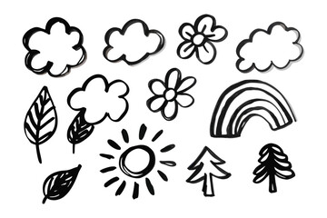Doodle Sketch of Nature Elements: Charming doodle sketches of nature elements, including fluffy clouds, radiant sunshine, colorful rainbow, blooming flowers, leafy foliage, and majestic trees.