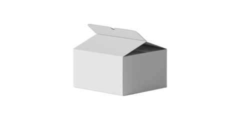 Minimalist white cardboard carton with open top on a transparent background