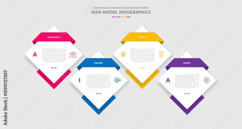 Poster aida marketing model for infographic with drop shadow style with diamond up and down on timeline hor