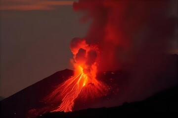 Volcanic Eruption at Night: Fiery Lava Flowing Down Mount Etna, Sicily. Dramatic Landscape Photography of Active Volcano. Red Hot Magma Image.