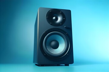 Black Studio Monitor Speaker on Blue Background: Professional Audio Equipment for Music Production & Sound Engineering