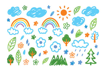 Child's Play: A whimsical scene of colorful rainbows, fluffy clouds, radiant sun, lush trees, blossoming flowers and the vibrant leaves, hand-drawn with childlike wonder and innocent joy.