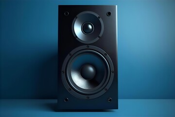 Black Bookshelf Speaker on Blue Background: High-Quality Audio Equipment for Home Listening, Modern Sound System, Hi-Fi Speaker Design