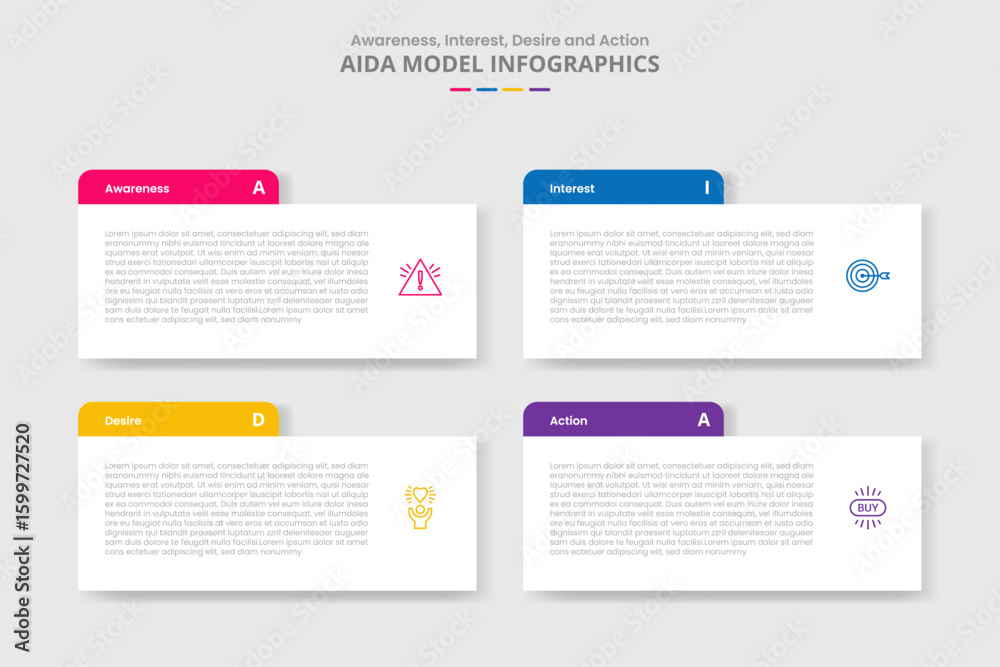 Poster aida marketing model for infographic with drop shadow style with rectangle box with round header bad