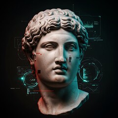 A classical marble bust of a man overlaid with futuristic digital data displays.
