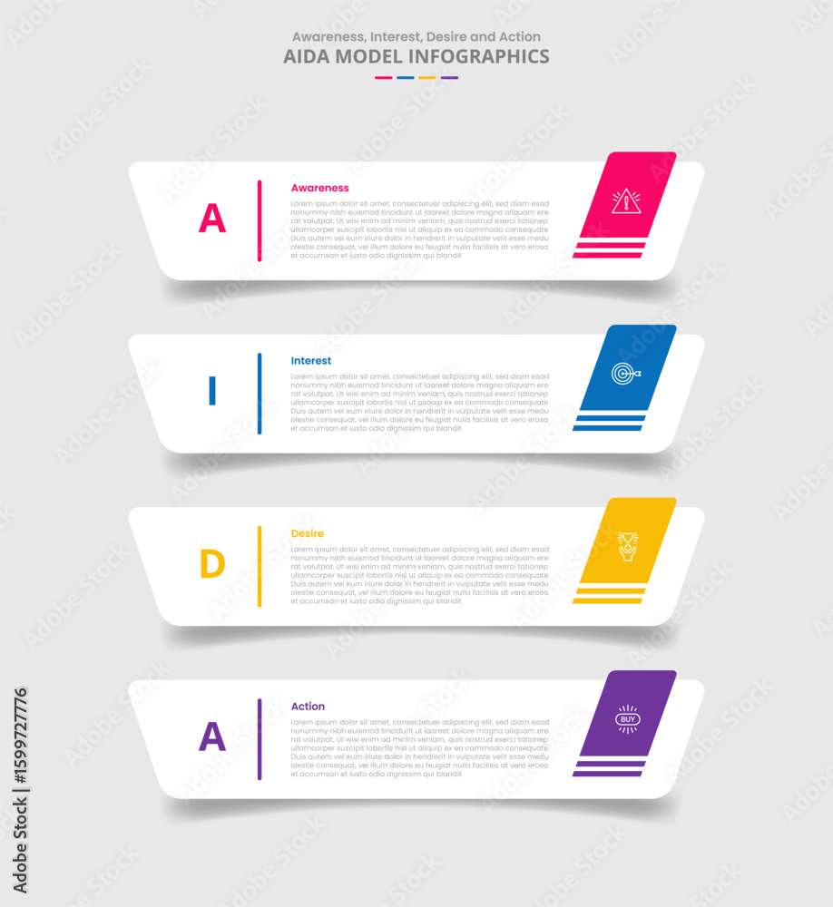 Poster aida marketing model for infographic with drop shadow style with creative round rectangle box stacke