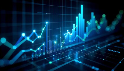 Naklejka premium Abstract 3D Financial Data Visualization With Glowing Lines And Points On Dark Background