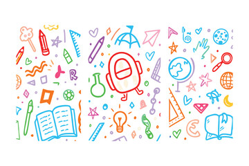 Playful Education: A delightful array of hand-drawn school essentials pops with vibrant colors, perfect for conveying a sense of fun and educational inspiration.