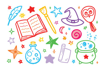 Fototapeta premium Enchanting elements: Vibrant illustration of a collection of whimsical and magical items scattered across the scene. An illustrated book, a sorcerer's hat, potion, moon, stars, quill, brush.