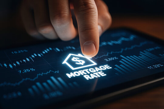 Finger touching tablet with mortgage rate digital symbol, housing icon, and financial graph showing percentage changes, representing real estate investment and loan interest trends