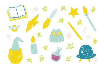Magical Collection of Symbols: A whimsical array of hand-drawn symbols conjures enchantment, including stars, wand, spellbook, magic potions, owls and wands. Evoking a sense of fantasy, wonder.