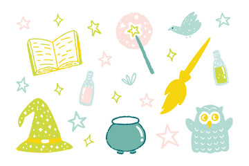 Whimsical Magical Elements: An enchanting assortment of cartoon elements, including stars, a magic wand, a wizard hat, and a cauldron, all set against a soft background.