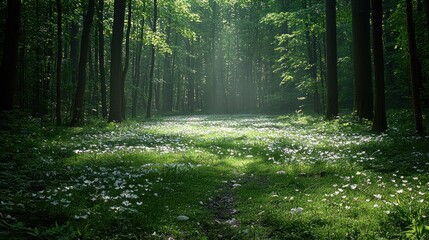 Obraz premium Sunlit Forest Path: A Tranquil Scene of Nature's Beauty