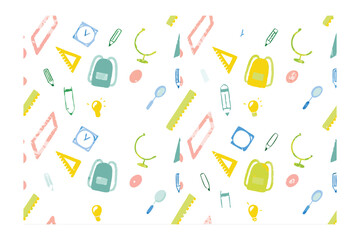 Colorful School Supplies Pattern: A vibrant seamless pattern featuring a collection of school supplies, including pencils, backpacks, and rulers, against a clean backdrop. 