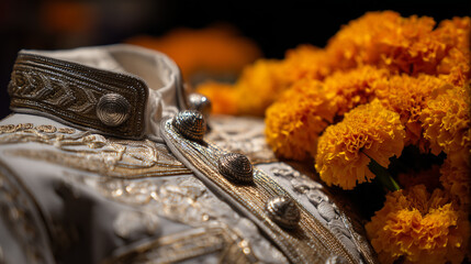 An embroidered charro jacket with silver buttons, bathed in golden sunset light, with marigold flowers softly blurred in the background.
