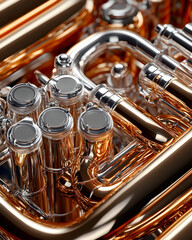 Close-up view of the valve section of a brass instrument.