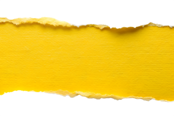A vibrant yellow piece of torn paper is isolated on a clean transparent background