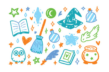 Magical Elements: An array of whimsical, hand-drawn illustrations featuring iconic symbols associated with magic, fantasy, and enchantment.