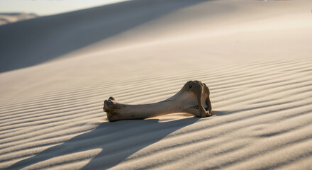 Weathered animal bone lying on rippled sand dunes in desert landscape. Natural erosion and time passage concept. Archaeological and paleontological research materials