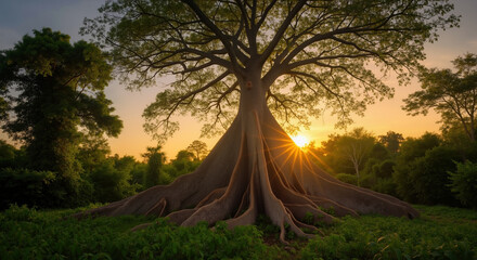 Massive tree trunk with exposed roots at golden sunset in tropical forest. Ancient woodland ecosystem and environmental conservation. Nature preservation and forest protection campaigns