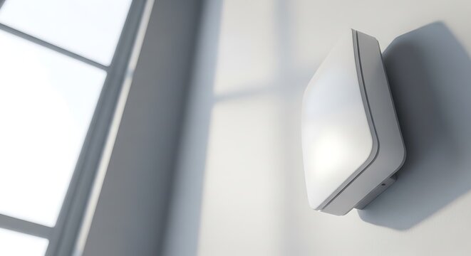 Sleek Wireless Access Point Mounted on a White Wall with Window Light