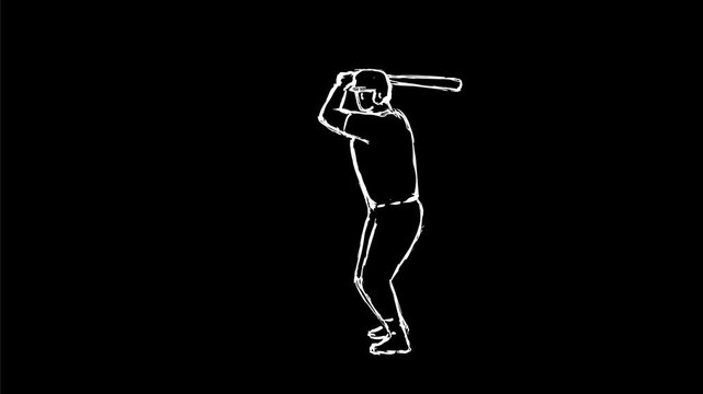 2d Animation cartoon character drawing of a baseball player batting hitting a homer or home run viewed from front on white, black and green screen in 4k ultra-high-definition.