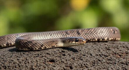 Obraz premium Brown snake with diamond pattern scales resting on volcanic rock surface. Reptile camouflaged in natural desert environment for wildlife education and nature documentation
