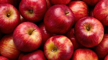 This vibrant assortment of fresh red apples showcases their smooth skin and shiny surface. Each apple is ripe and ready for harvest, reflecting the season's bounty during a farmers market.