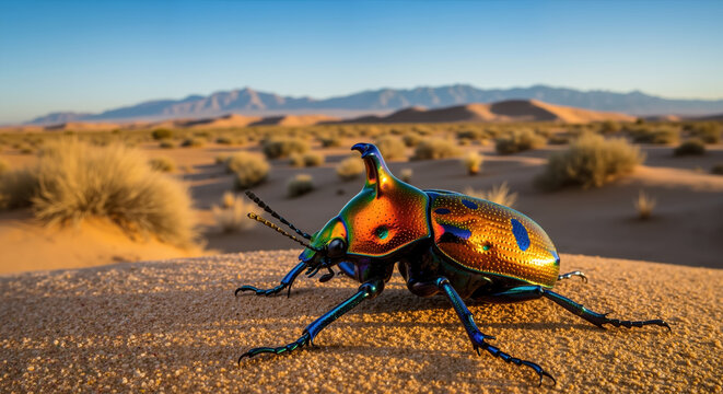 Colorful beetle with iridescent shell walking on desert sand at golden hour. Insect adaptation and desert ecosystem biodiversity. Entomology research and nature study