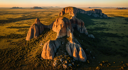 Rocky desert landscape with layered stone formations at golden hour. Arid terrain with dramatic lighting for geological studies and nature conservation campaigns