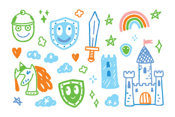 Fantasy elements and castle doodles in child style: A collection of playful, child-like doodles, featuring a fantastical castle, unicorn, sword, shield, and more against a soft pastel background.