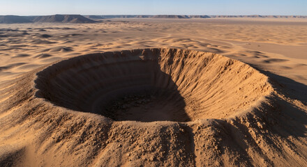 Large circular crater formation in desert landscape with steep rocky walls and sandy floor. Geological formation and meteorite impact site. Earth science research