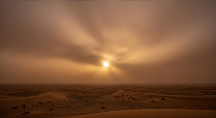 Dusty sunset landscape with golden light filtering through atmospheric haze over barren desert terrain. Climate conditions and atmospheric phenomena. Environmental monitoring
