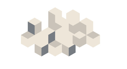 Obraz premium Abstract isometric illustration featuring a cluster of interconnected cubes in neutral beige and gray tones against a white background.