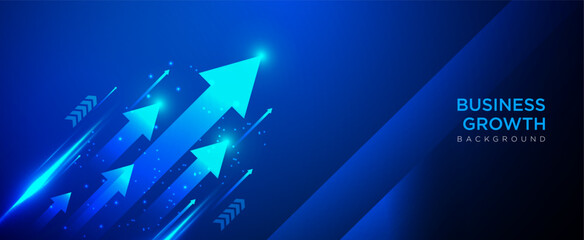 Blue arrow, business growth, success, progress on futuristic blue background. Digital design with glowing and sparkling effects. Perfect for presentations, covers and technology