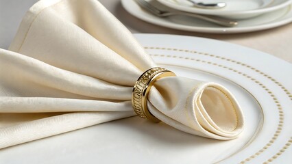 Elegant ivory napkin held by golden ring on white plate for fancy dining presentation